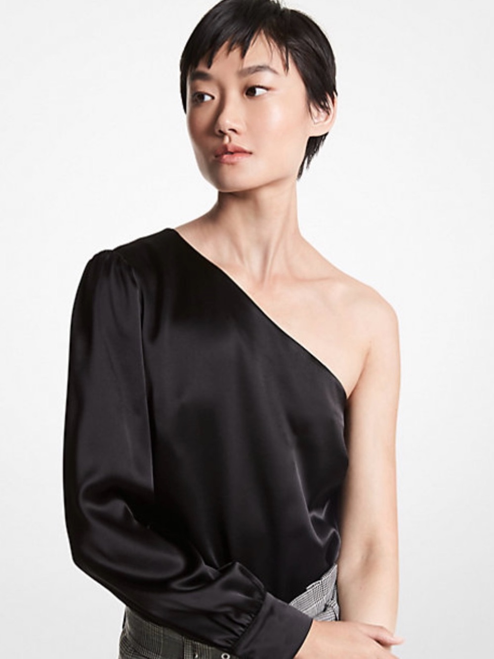 NWT Michael Kors one shoulder black satin long sleeve top